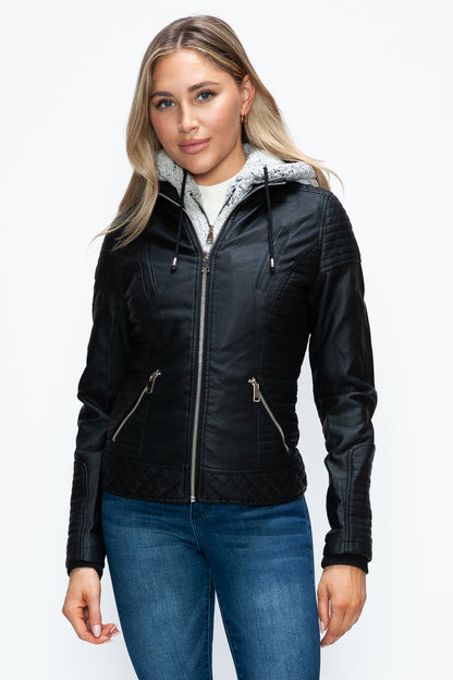 10010001233-YMI Faux Layered Double-Zipper Jacket with Fuzzy Hood - Black