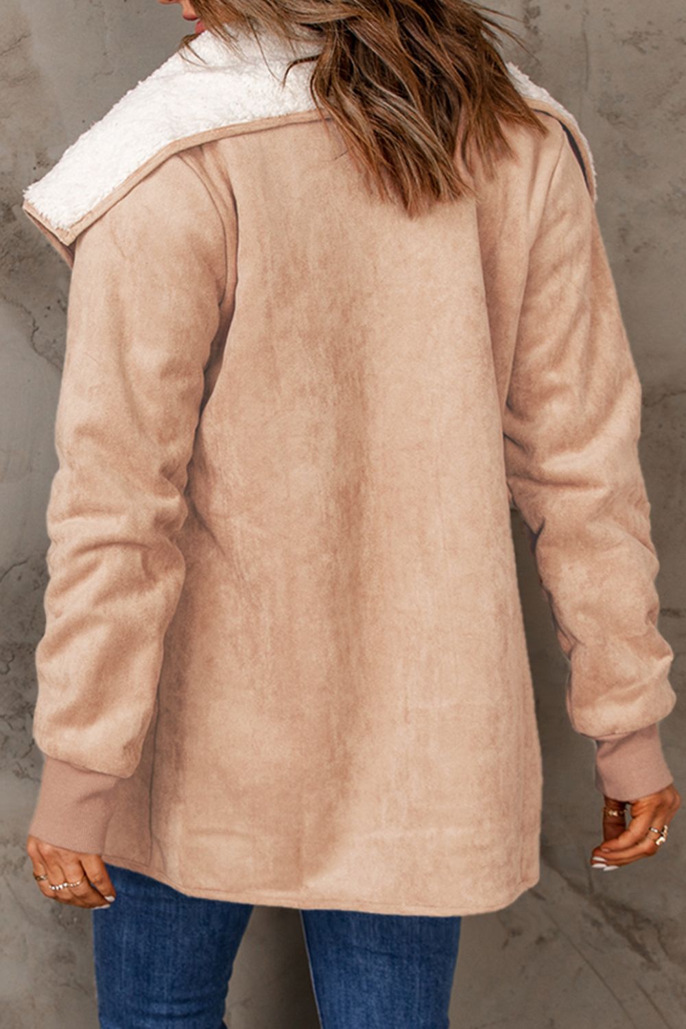 10010063507-Open Front Long Sleeve Sherpa Jacket with Pockets