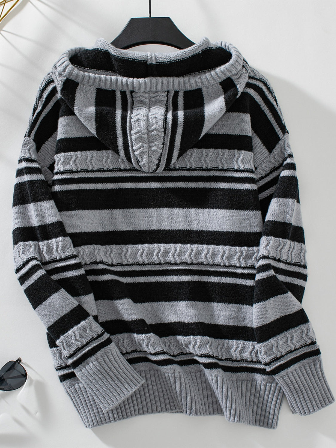 10010066609-Drawstring Striped Long Sleeve Hooded Sweater