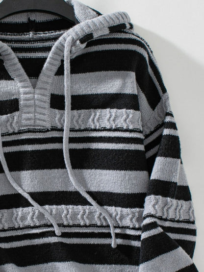 10010066609-Drawstring Striped Long Sleeve Hooded Sweater