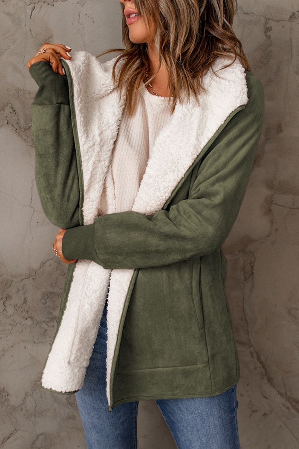 10010063507-Open Front Long Sleeve Sherpa Jacket with Pockets