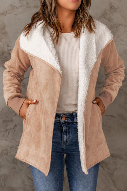 10010063507-Open Front Long Sleeve Sherpa Jacket with Pockets