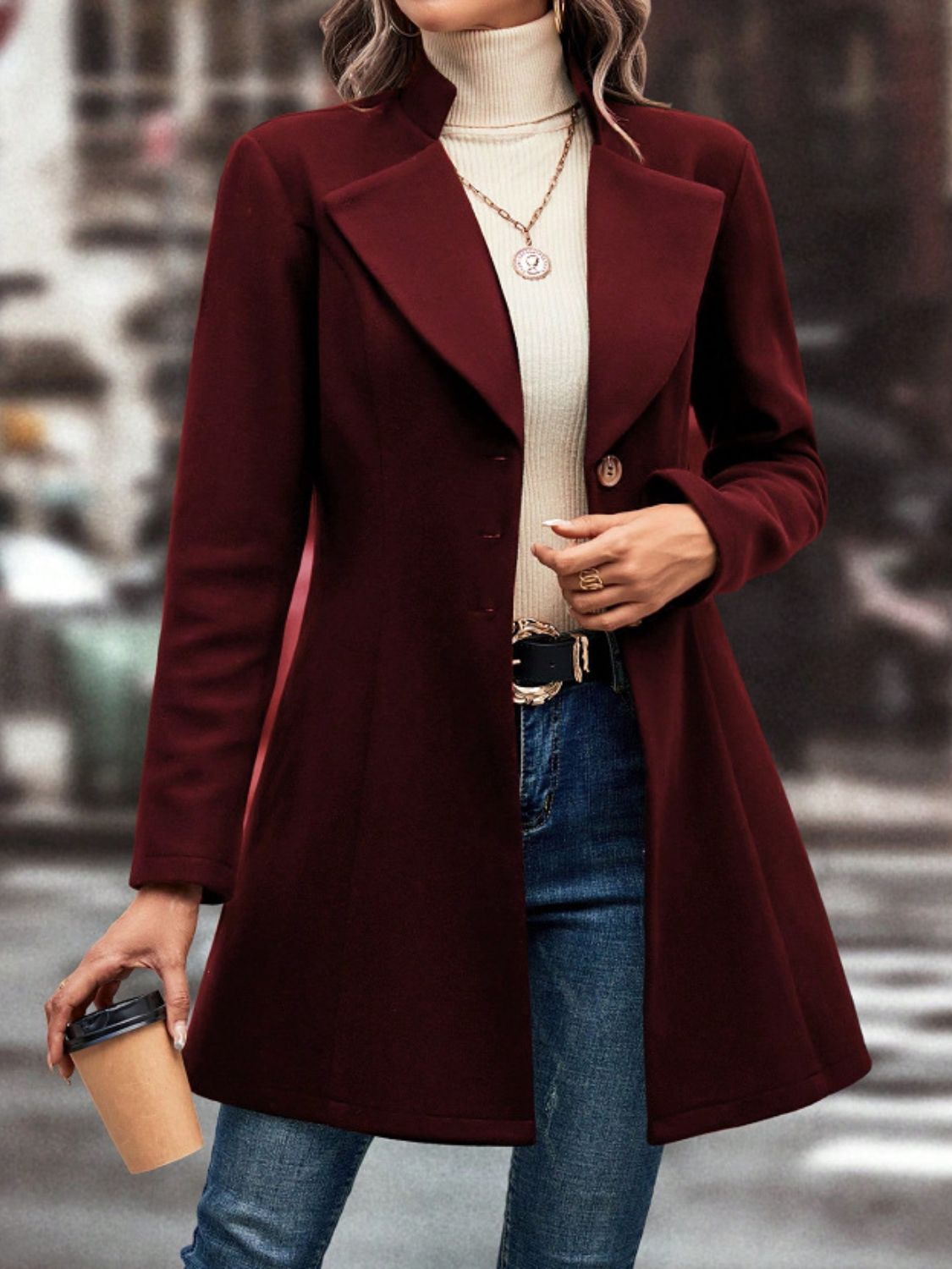 10010001698-Collared Neck Button Up Long Sleeve Coat