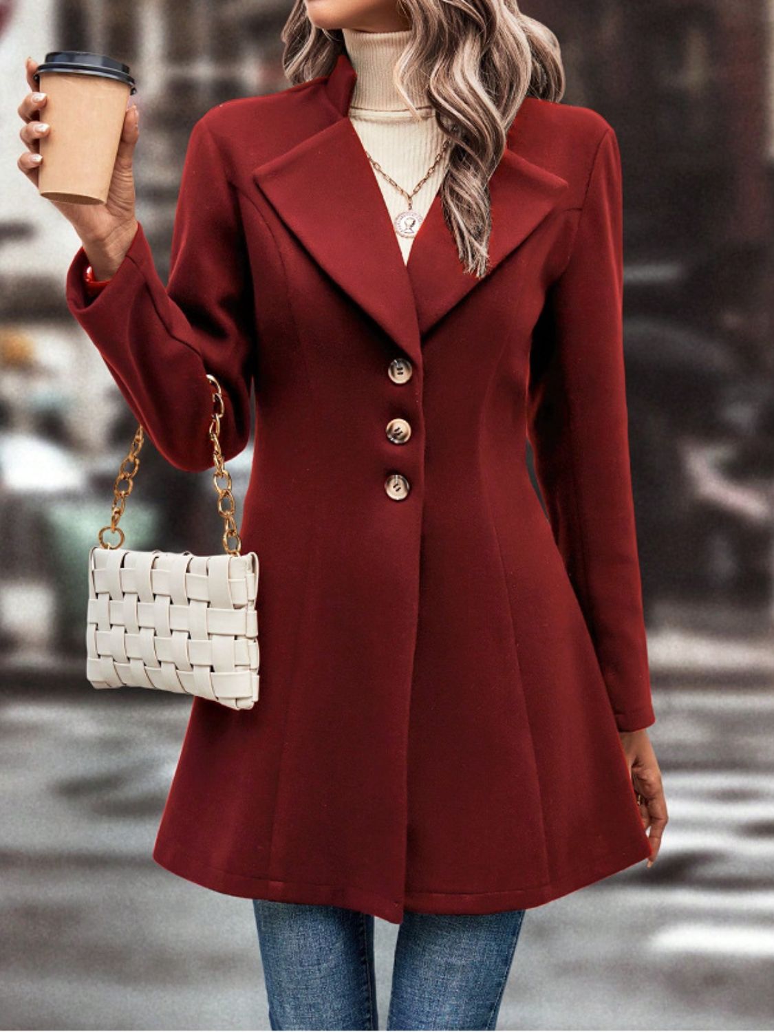 10010001698-Collared Neck Button Up Long Sleeve Coat