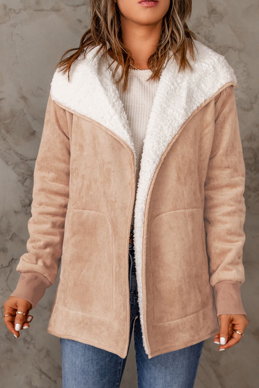 10010063507-Open Front Long Sleeve Sherpa Jacket with Pockets