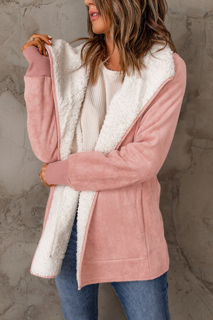 10010063507-Open Front Long Sleeve Sherpa Jacket with Pockets