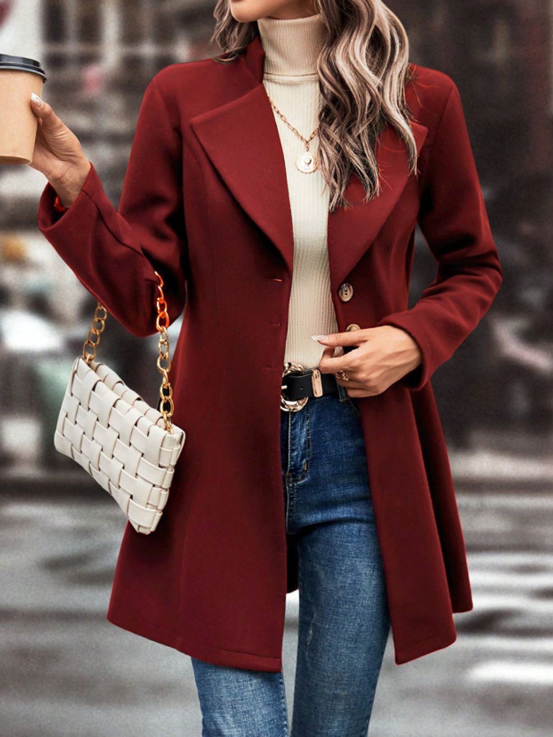 10010001698-Collared Neck Button Up Long Sleeve Coat