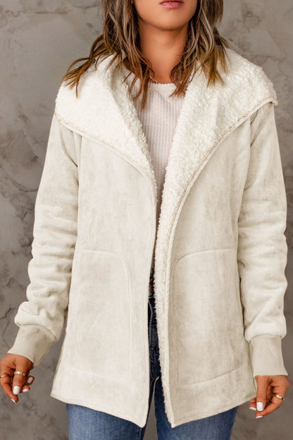 10010063507-Open Front Long Sleeve Sherpa Jacket with Pockets