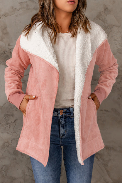 10010063507-Open Front Long Sleeve Sherpa Jacket with Pockets