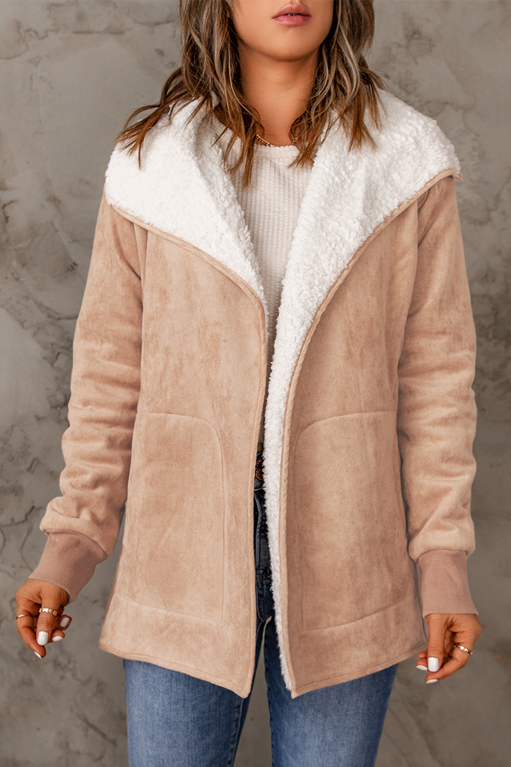 10010063507-Open Front Long Sleeve Sherpa Jacket with Pockets