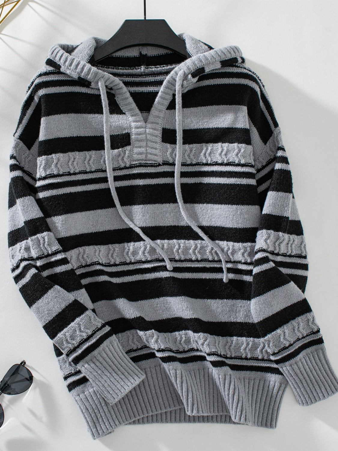 10010066609-Drawstring Striped Long Sleeve Hooded Sweater