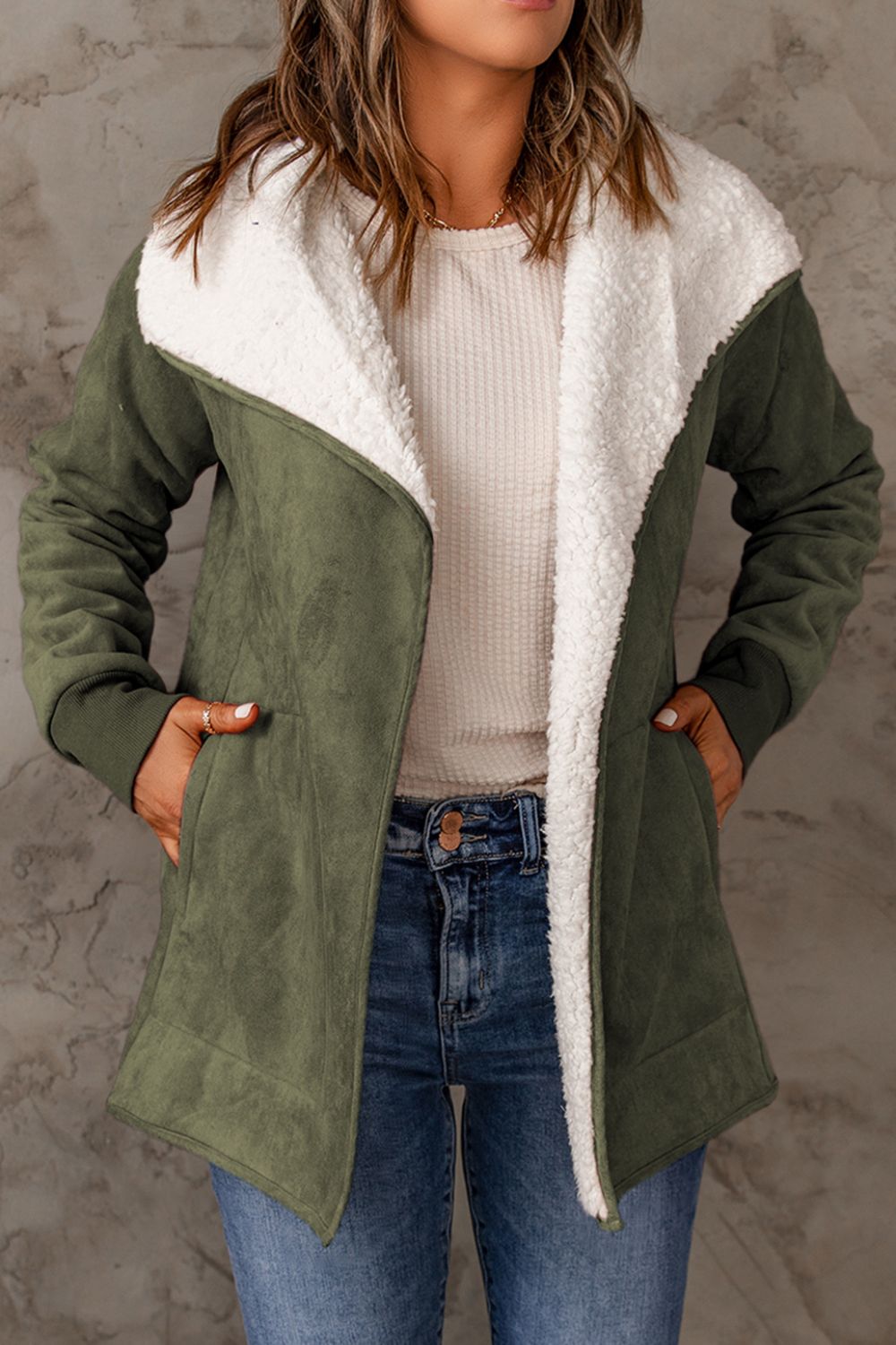 10010063507-Open Front Long Sleeve Sherpa Jacket with Pockets