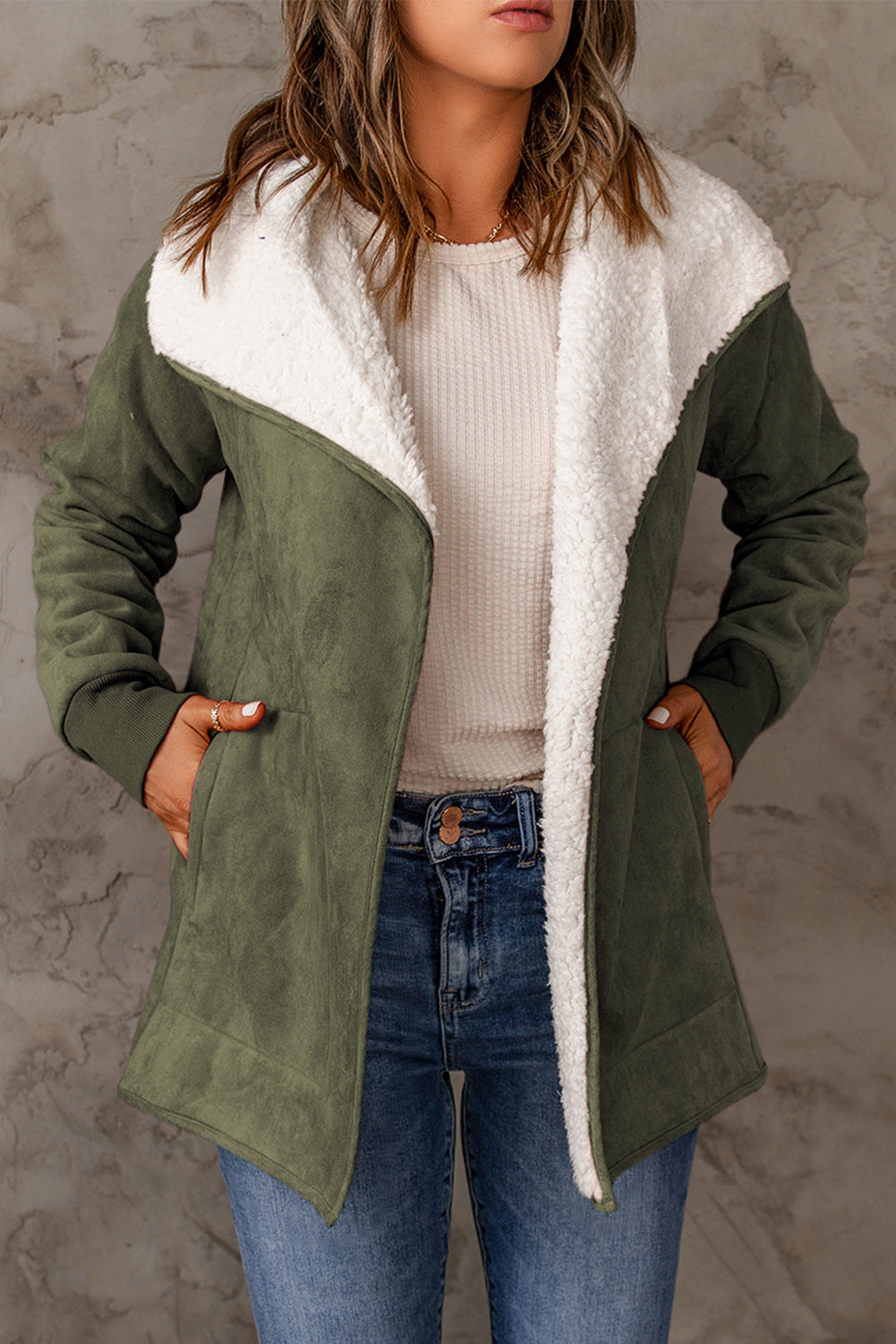 10010063507-Open Front Long Sleeve Sherpa Jacket with Pockets