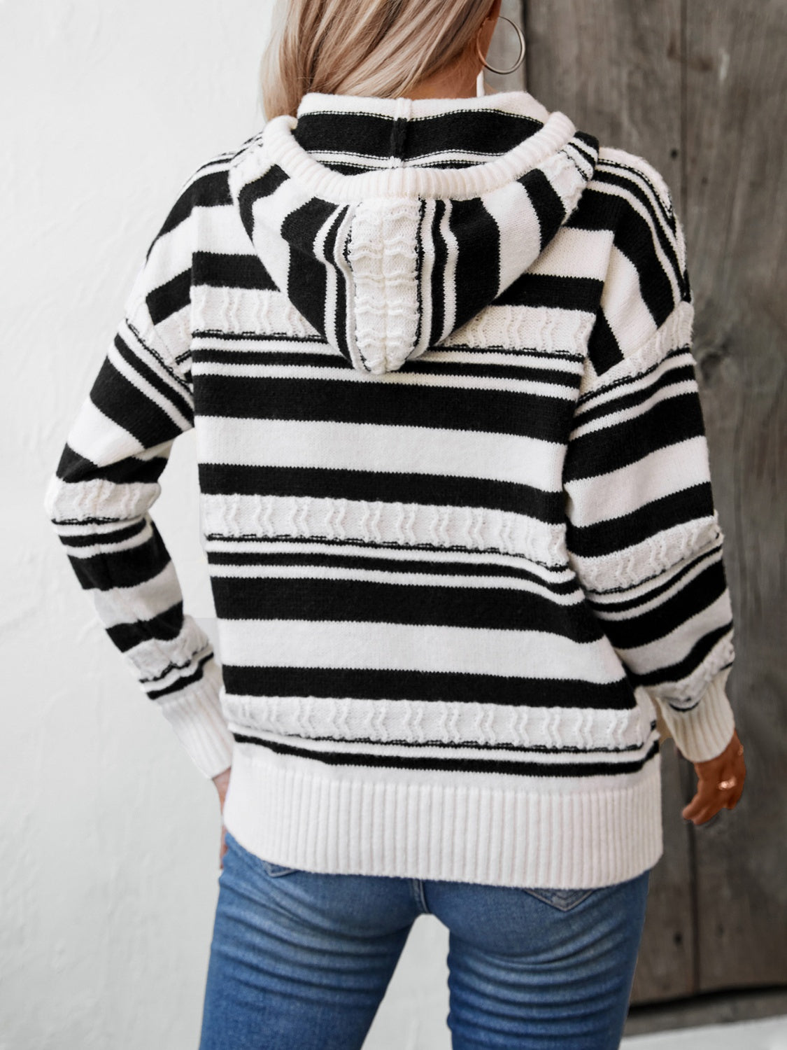 10010066609-Drawstring Striped Long Sleeve Hooded Sweater